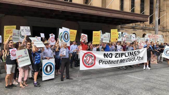 A protest at Brisbane City Hall against the Mt Coot-tha zipline. Picture Mark Cranitch