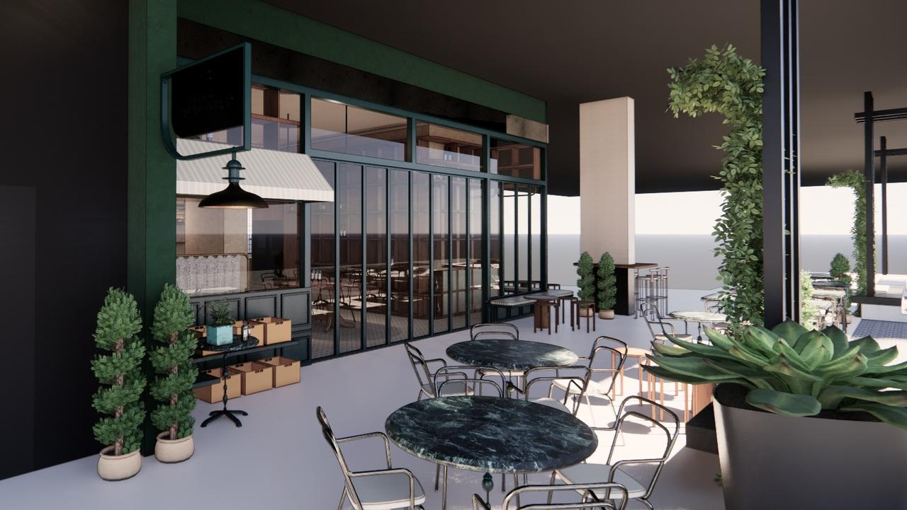 A render of the covered outdoor dining area at South City Wine in Woolloongabba.