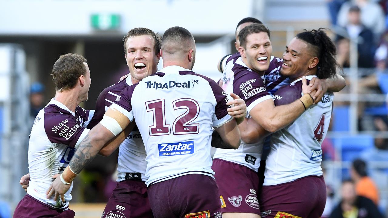 Manly celebrate after Moses Suli‘s try