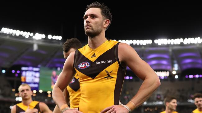 PERTH, AUSTRALIA - AUGUST 10: Jack Gunston of the Hawks walks from the field after being defeated during the round 11 AFL match between the Fremantle Dockers and the Hawthorn Hawks at Optus Stadium on August 10, 2020 in Perth, Australia. (Photo by Paul Kane/Getty Images)