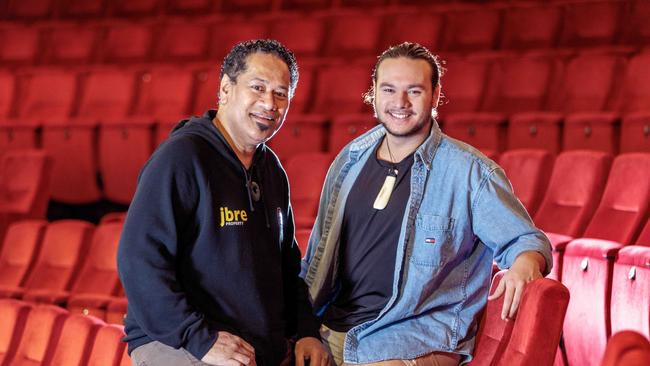 Jay Laga'aia and his son Tana at Her Magestys theatre in Melbourne. Tana is starring in Rent and Jay is performing in Grease. Picture David Geraghty