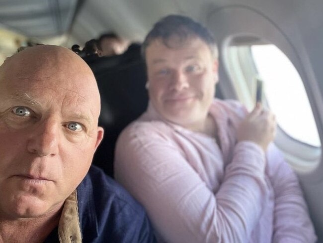 Spotlight EP Mark Llewellyn and Taylor Auerbach on plane to Tasmania to meet with Bruce Lehrmann. Picture: Instagram