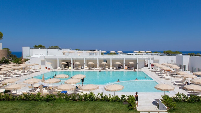 The postmodern poolside at Pollina Resort, Sicily.