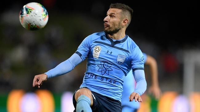 Sydney FC’s Kosta Barbarouses scored the only goal of the match against the Mariners. Picture: AAP