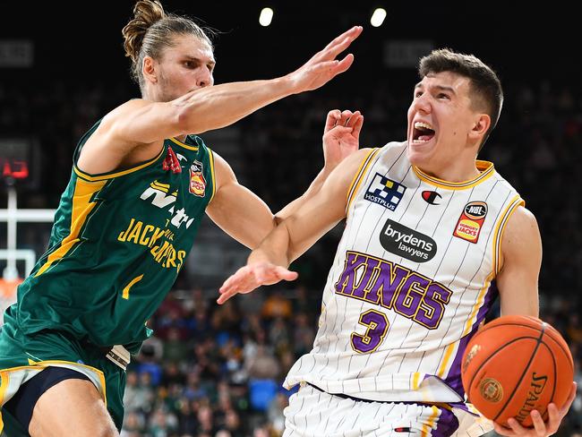 Dejan Vasiljevic of the Kings drives to the basket against the Tasmania JackJumpers. Photo: Steve Bell/Getty Images.