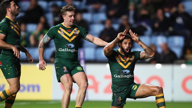 Josh Addo-Carr scored four tries for Australia, including one of the Kangaroos best ever. Picture: Getty Images.