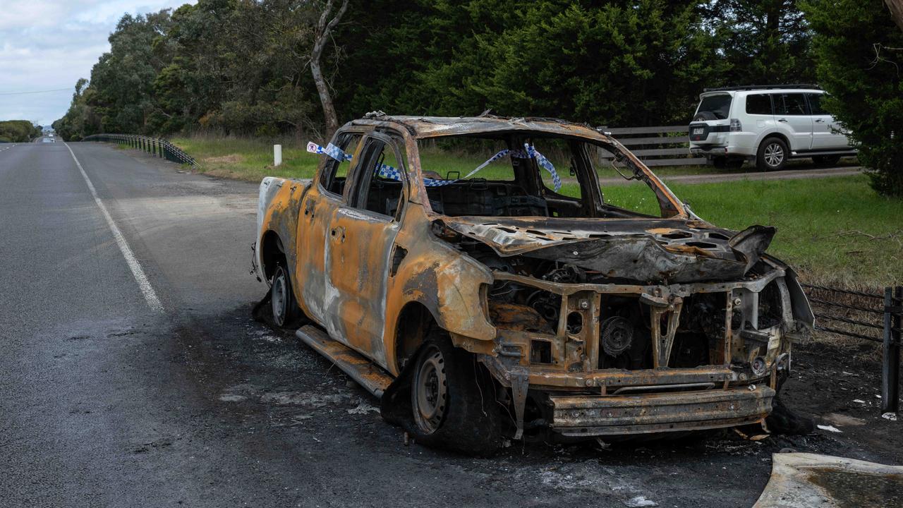 A car went up in flames on Portarlington Rd in Curlewis on Saturday. Picture: Brad Fleet