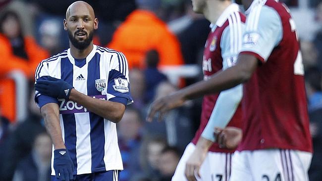 West Brom striker Nicolas Anelka makes the controversial gesture as he celebrates a goal.