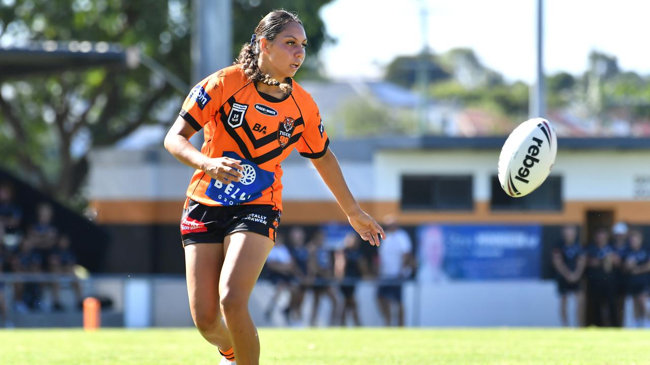 Hudson putting a kick in during the Harvey Norman under 19s girls rugby league match between Brisbane Tigers and Tweed Seagulls. Saturday February 25, 2022. Picture, John Gass