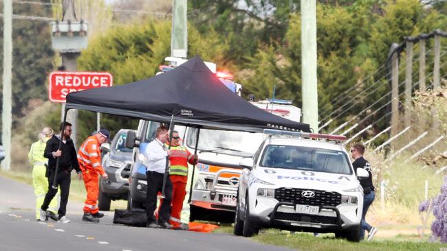 Police block off a road at Ardmona where police shot Turvey. Picture: David Crosling