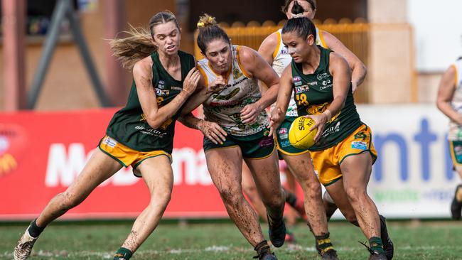 Ciaralii Parnell, Kylie Lynch and Tui Wineti in the 2023-24 NTFL Women's Grand Final between PINT and St Mary's. Picture: Pema Tamang Pakhrin