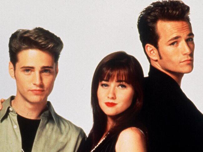 May97 actor Jason Priestley,  actress Shannen Doherty & Luke Perry of Beverly Hills 90210.  f/l  /Television  /Actors  tv headshot