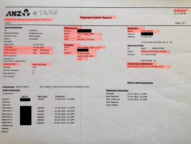 The showing payment of $69,000 from TCN Channel Nine Pty Ltd to Adam Whittington. Picture: Supplied