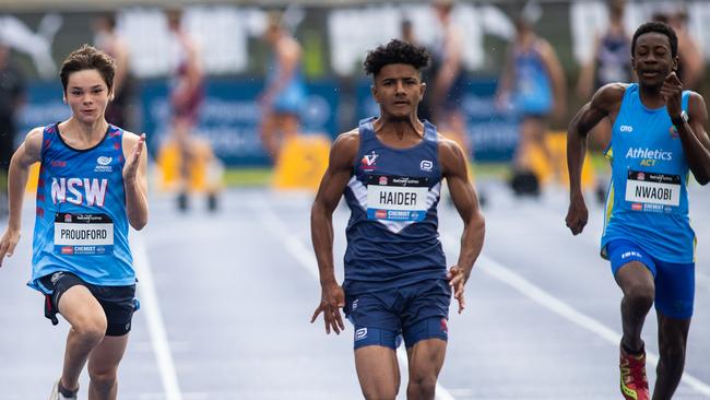 NSW athlete Jack Proudford from Maroota finishes second behind Zulqarmain Haider from Victoria in a heat on Sunday.