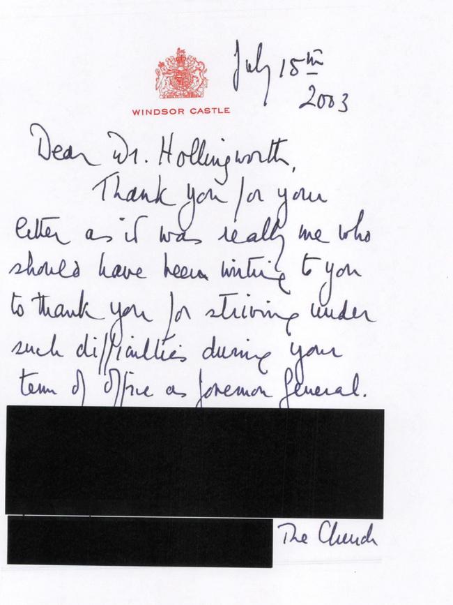 Handwritten letter of response from Her Majesty the Queen, addressed to Peter Hollingworth, dated July 15th, 2003. Picture: National Archives of Australia