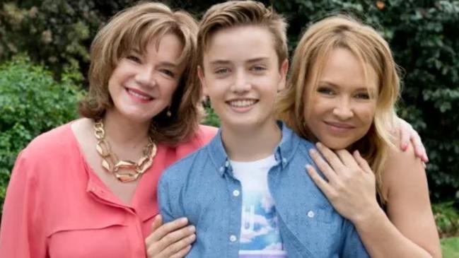 Janet Andrewartha with Xander McGuire and Carla Bonner on Neighbours. Pic: Channel 10