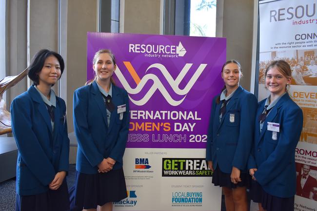 Mackay Mercy College students L-R: Melisa Li, Gabrielle Ipson, Katy Zeikenheiner and Charlotte Mau at 2022 International Women's Day Business Lunch in Mackay. Picture: Madeleine Graham