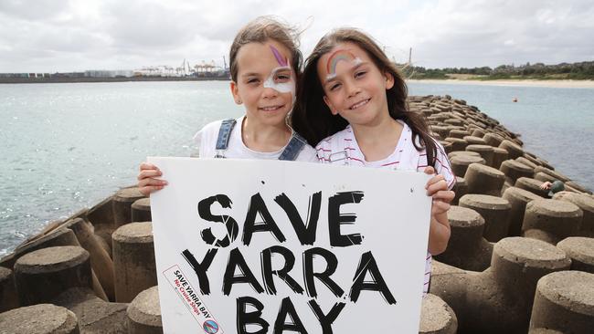 Sisters Annie and Tilly Bray, both aged 9, love playing at the beach at Yarra Bay and are against the proposal. Picture: David Swift