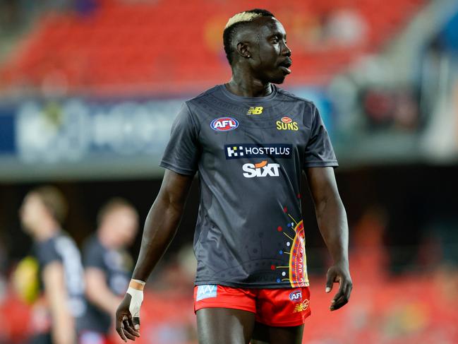 Mabior Chol of the Suns played a key role in defence. Photo: Russell Freeman/AFL Photos via Getty Images