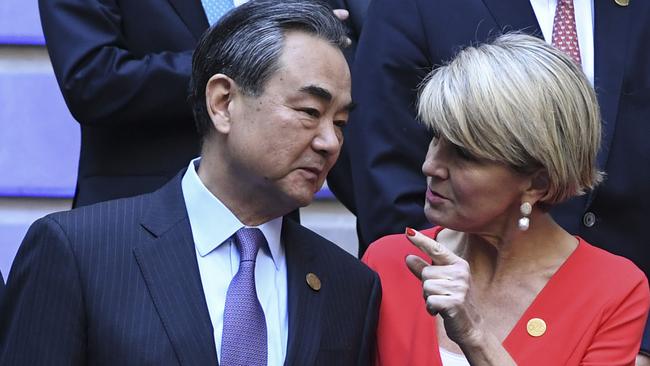 Chinese Minister of Foreign Affairs Wang Yi, left, with his Australian counterpart Julie Bishop at the G20 foreign ministers' meeting in Buenos Aires. Picture: AFP