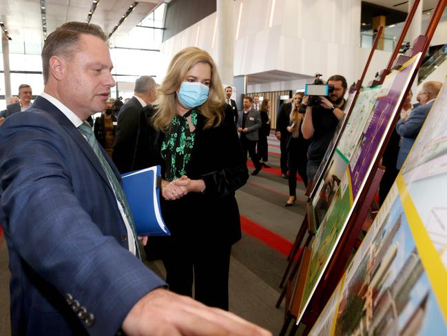 Lord Mayor of Brisbane Adrian Schrinner with Premier Annastacia Palaszczuk viewing ideas to revitalise Brisbane at the Property Council of Australia's Green and Gold Runway event on Friday. Photo Steve Pohlner