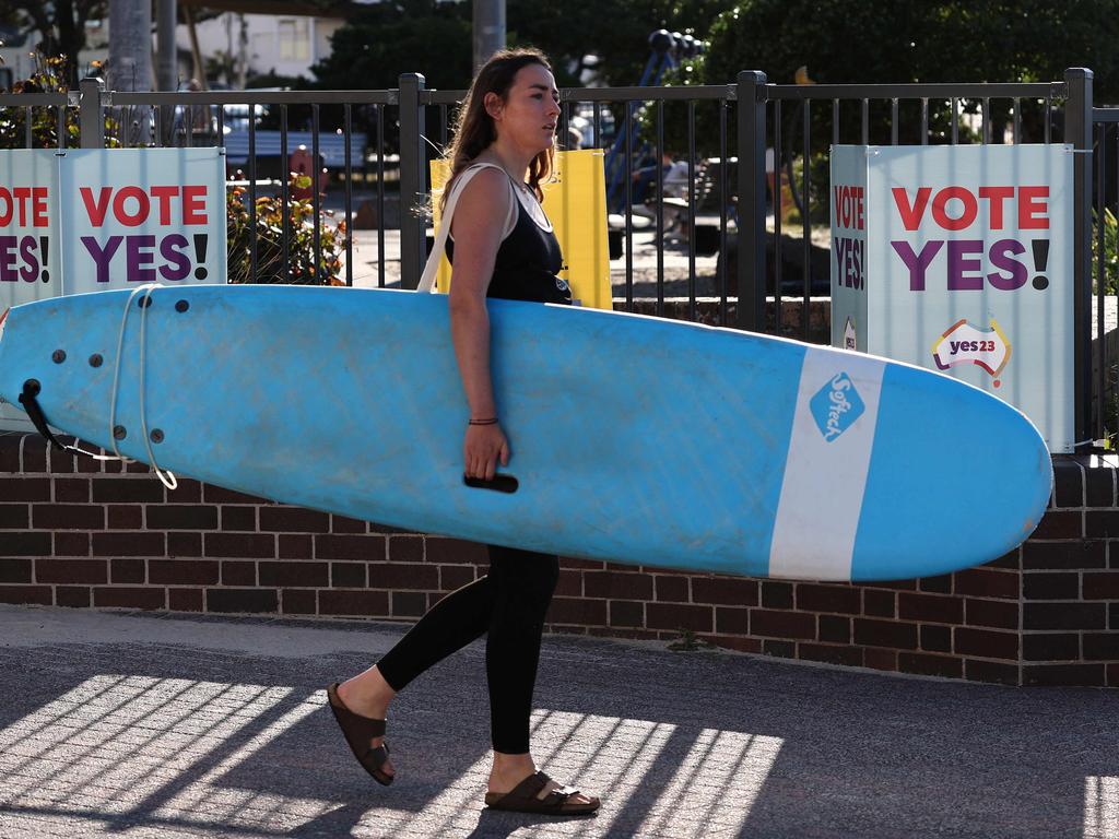 A surfer walks in front of a polling station on Bondi Beach in Sydney. Picture: AFP