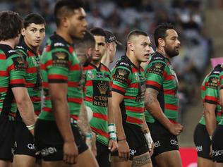 Rabbitohs players reacts following a try from the Raiders during the Round 21 NRL match between the South Sydney Rabbitohs and the Canberra Raiders at ANZ Stadium in Sydney, Saturday, July 29, 2017. (AAP Image/Daniel Munoz) NO ARCHIVING, EDITORIAL USE ONLY