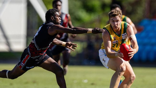 Kaelan Bradtke as St Mary's took on the Tiwi Bombers in the 2024-25 NTFL men's semi-final. Picture: Pema Tamang Pakhrin