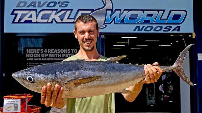 Manuel Capoccia from Italy got the thrill of a lifetime while fishing off the National Park Rocks at Hells Gates when this longtail tuna took his cast slug. Picture: www.fishingnoosa.com.au