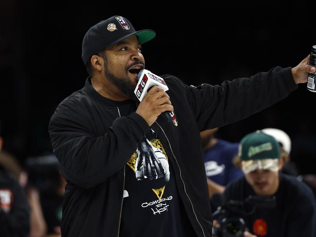 Boston, MA - August 18: BIG3 founder and rapper Ice Cube speaks before the BIG3 basketball celebrity game at TD Garden. (Photo by Danielle Parhizkaran/The Boston Globe via Getty Images)