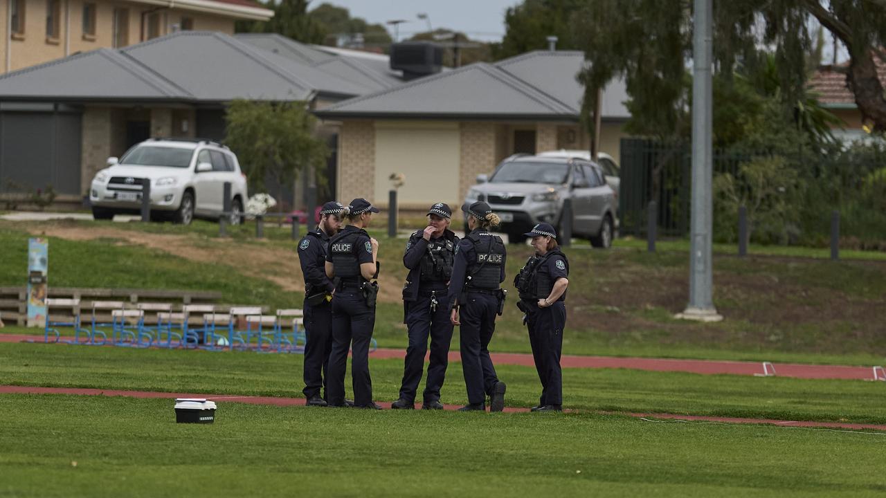 Police on scene at St Albans Reserve in Clearview after a teen was hit by a flying hammer. Picture: Matt Loxton