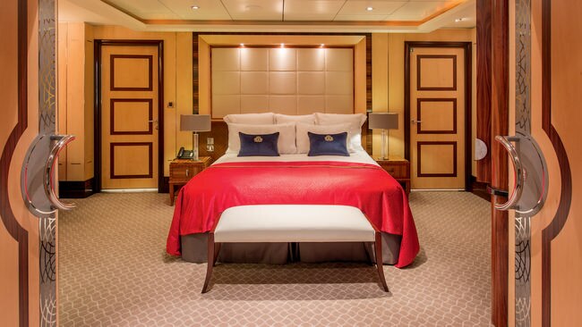 One of the bedrooms on board the newly refurbished Queen Mary 2.