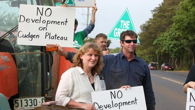 Tweed District Mayor Katie Milne and James Paddon on Monday protest outside the site of the new Tweed Valley Hospital at Cudgen. Photo Scott Powick