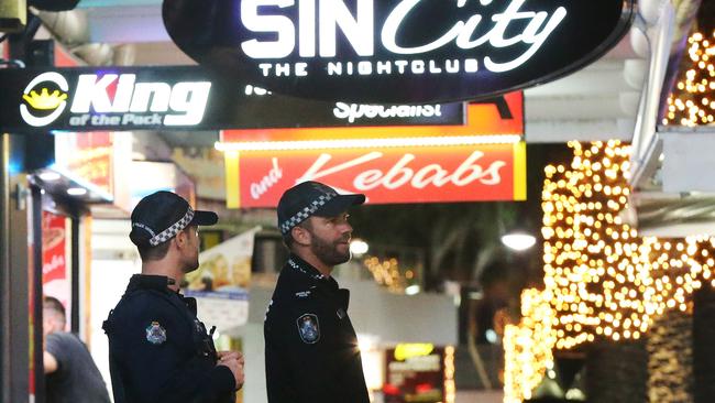 Police on street patrol in Surfers Paradise pre-Covid. Picture Glenn Hampson.