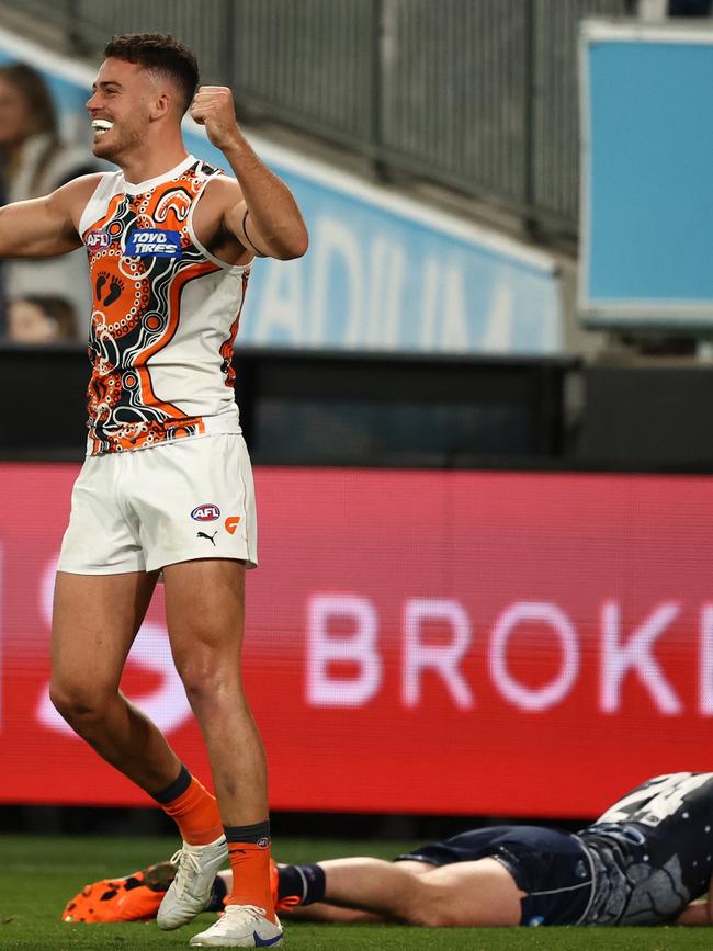 Jake Riccardi after the final siren at GMHBA Stadium. Picture: Robert Cianflone/Getty Images).