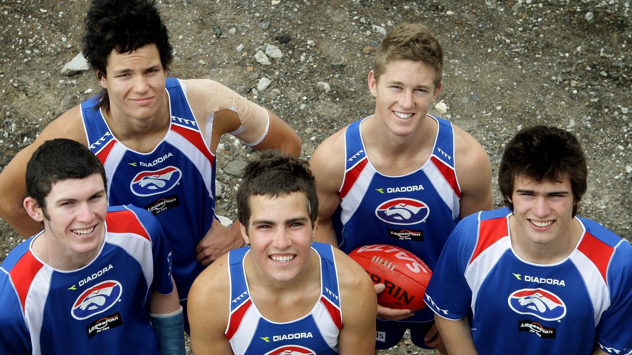 Jarrad Grant, Jarrad Boumann, Guy O’Keefe, Callan Ward and Easton Wood together after being drafted by the Bulldogs.