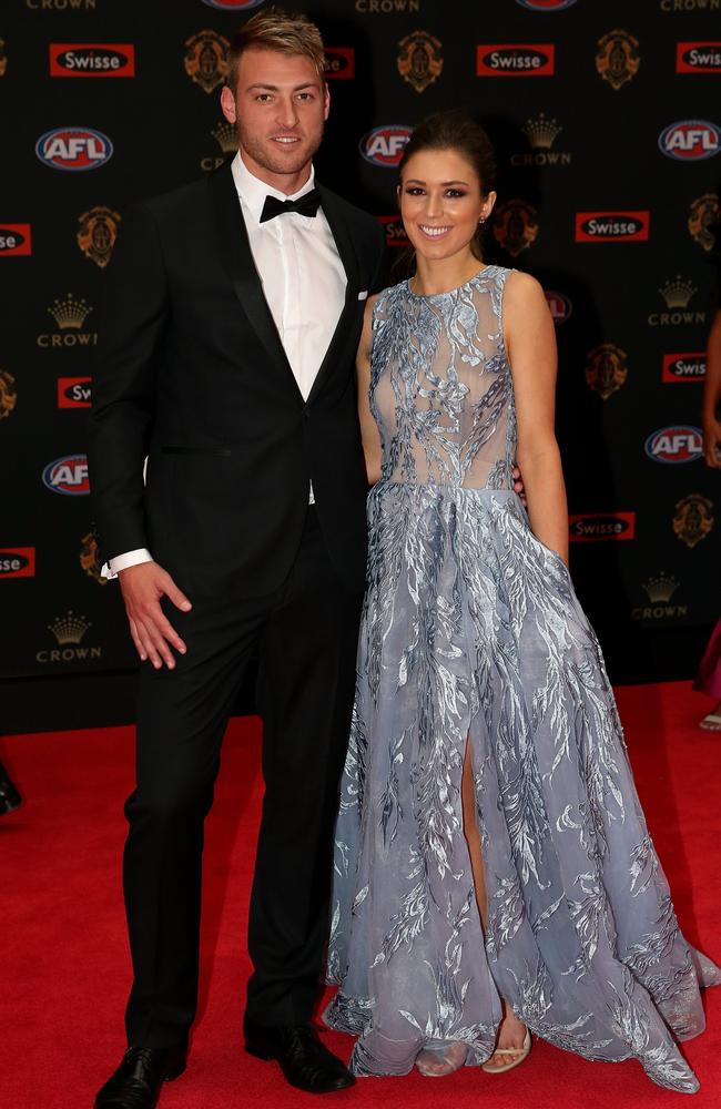 Daniel Talia of Adelaide (L) and Megan Bennett at the 2016 Brownlow Medal. Picture: Tim Carrafa