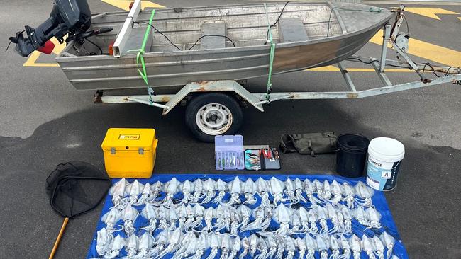 Seized tinny, fishing equipment and 124 squid. Picture: Supplied