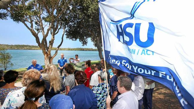 NURSE PROTEST: The Health Services Union and NSW Nurses and Midwives Association held a lunch time meeting outside the Tweed Heads Hospital, and were calling on the NSW Government to release its long-awaited Community Health Review report. Picture: Scott Powick