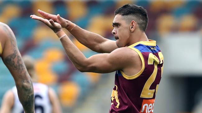 Charlie Cameron of the Lions celebrates a goal with a ‘Baby Shark’ inspired celebration.