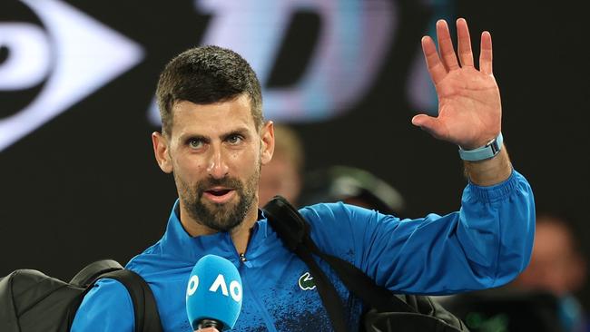 Novak Djokovic of Serbia addresses the crowd following his victory against Jiri Lehecka of the Czech Republic. Picture: Getty Images