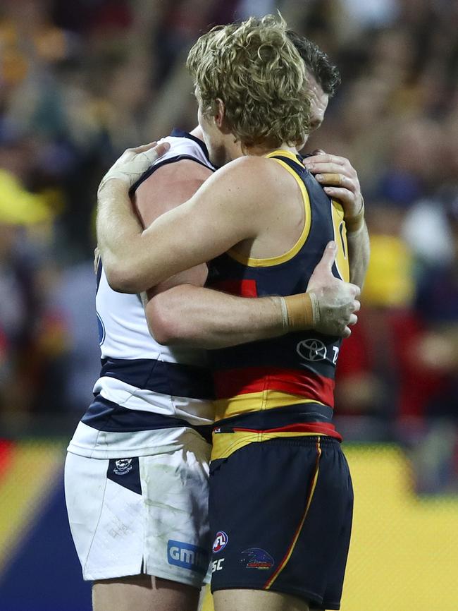 Patrick Dangerfield and Rory Sloane embrace after the game. Picture: Sarah Reed