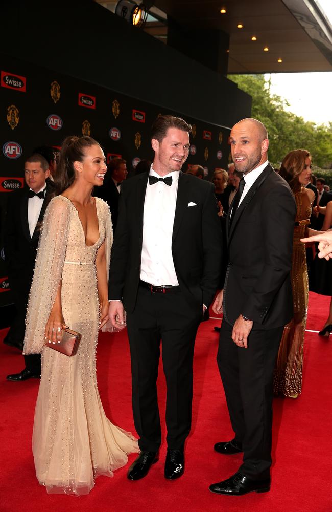 Patrick Dangerfield of Adelaide chats with Chris Judd of Carlton on the red carpet for the 2015 AFL Brownlow Medal presentation held at Crown Casino on Monday, September 28, 2015, in Melbourne, Victoria, Australia. Picture: Tim Carrafa