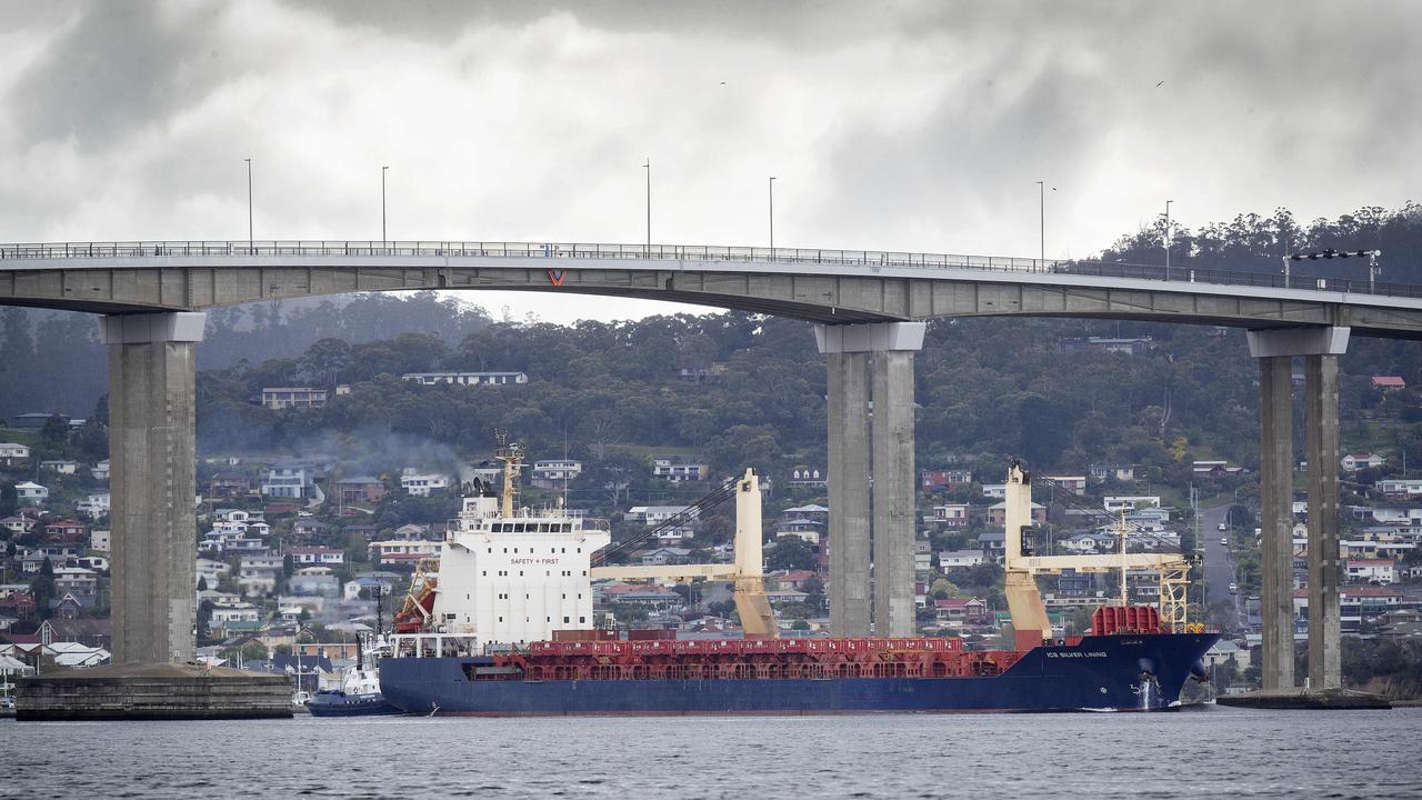 ICS Silver Lining passes under the Tasman Bridge at Hobart. Picture: Chris Kidd