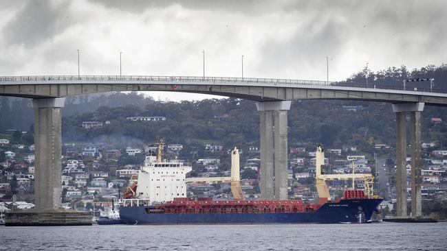 ICS Silver Lining passes under the Tasman Bridge at Hobart. Picture: Chris Kidd