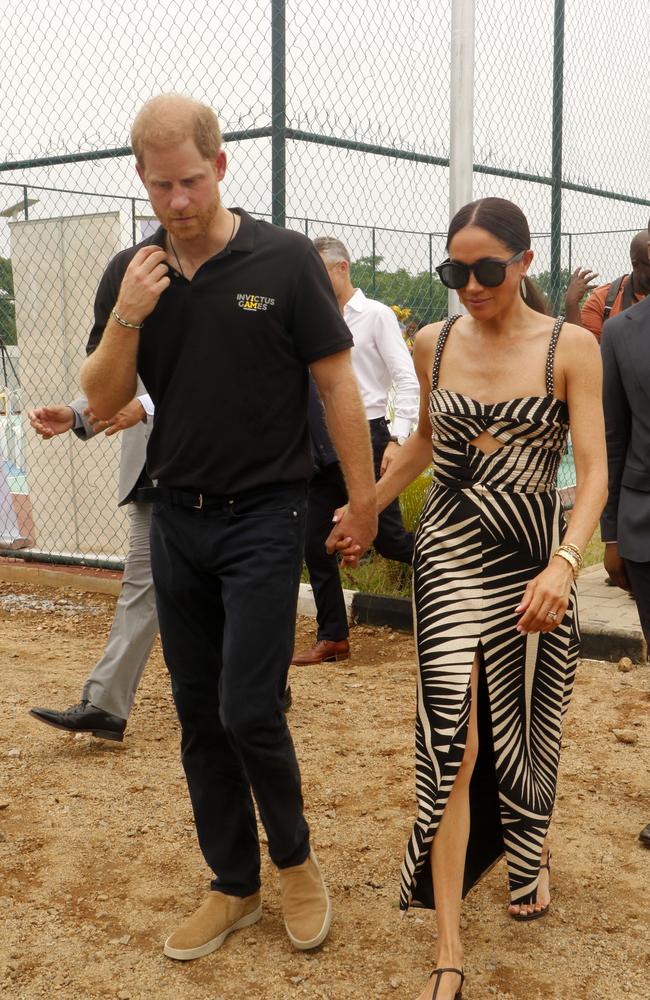 The Duchess of Sussex wore high-end labels during her trip to Nigeria. Picture: Getty Images