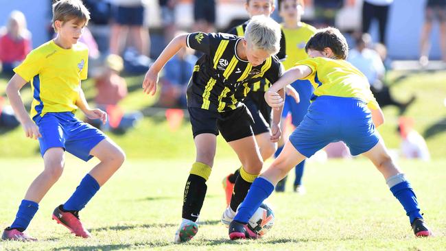 SOCCER: Junior football carnival, Maroochydore. Moreton Bay United V Strikers, U12 boys. Picture: Patrick Woods.