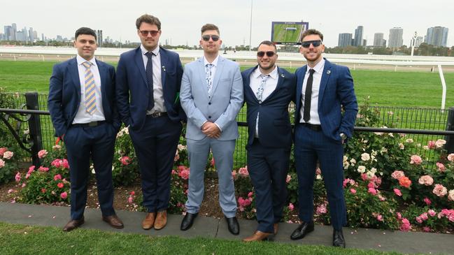 Brandon, David, Jack, Tom and Michael at Seppelt Wines Stakes Day 2024 at Flemington Racecourse. Picture: Gemma Scerri