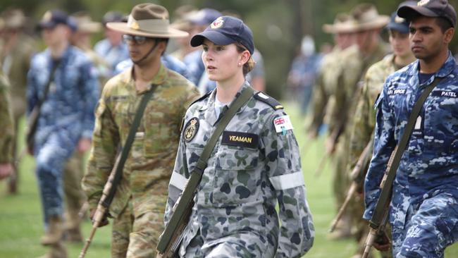 Midshipman Skye Yeaman participates in a marching drill during practice for the 2020 Australian Defence Force Academy Graduation Parade. Picture: Defence