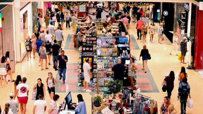 Not much social distancing or masks as people shop in Westfield Marion on Boxing Day. Picture: Dean Martin